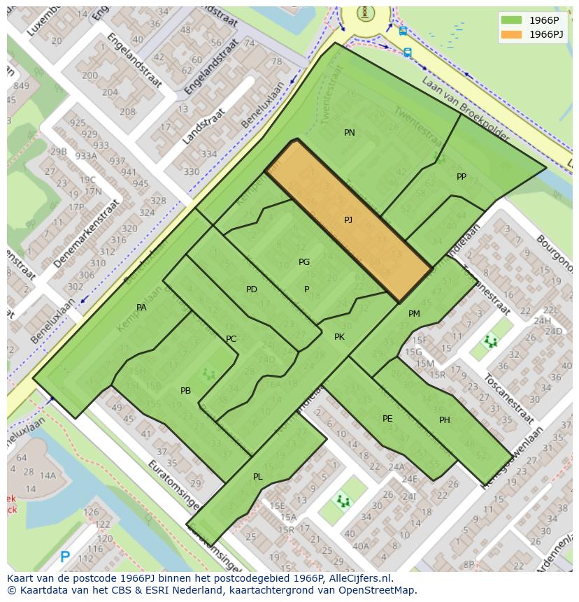 Afbeelding van het postcodegebied 1966 PJ op de kaart.