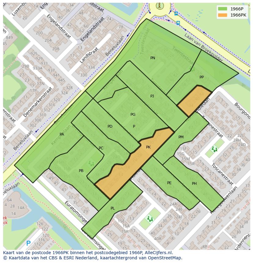 Afbeelding van het postcodegebied 1966 PK op de kaart.