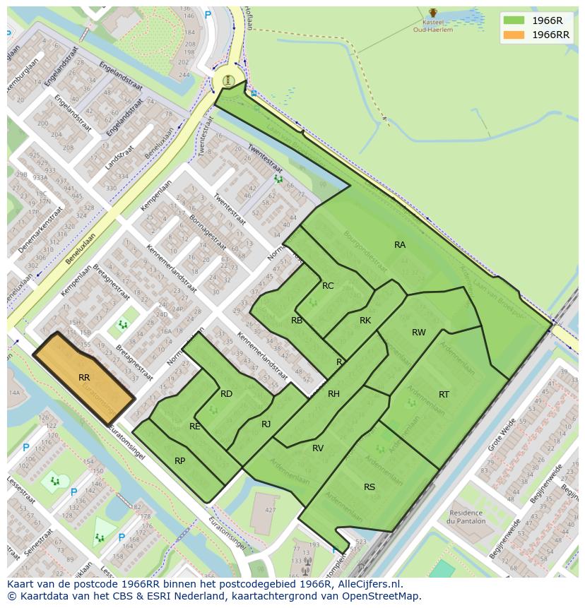 Afbeelding van het postcodegebied 1966 RR op de kaart.