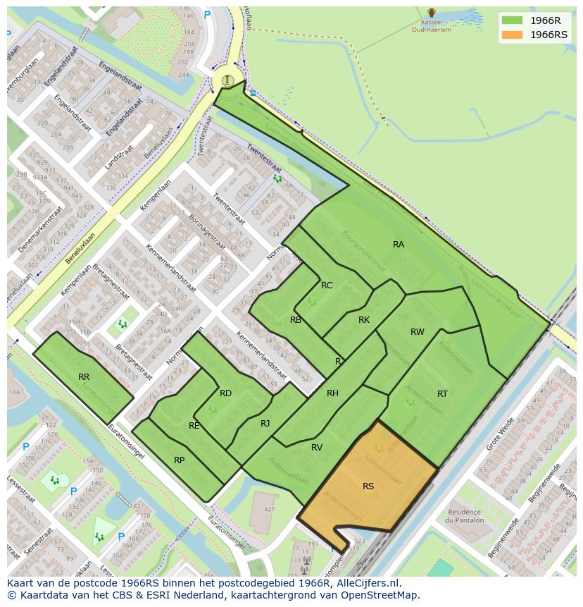Afbeelding van het postcodegebied 1966 RS op de kaart.