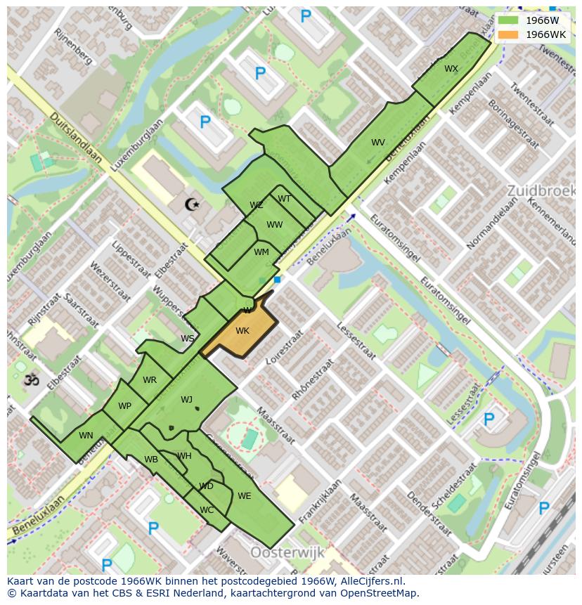 Afbeelding van het postcodegebied 1966 WK op de kaart.