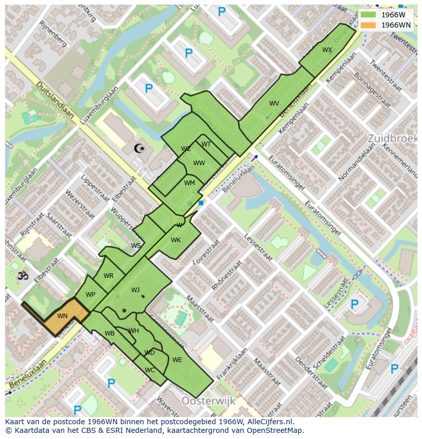 Afbeelding van het postcodegebied 1966 WN op de kaart.