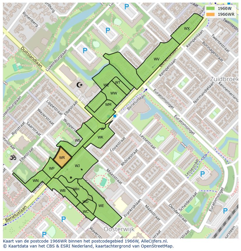 Afbeelding van het postcodegebied 1966 WR op de kaart.