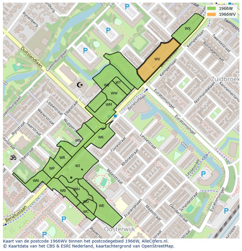 Afbeelding van het postcodegebied 1966 WV op de kaart.