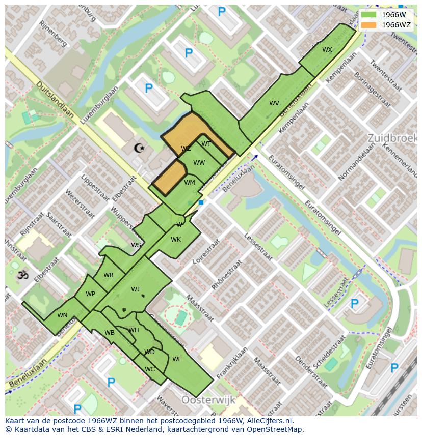 Afbeelding van het postcodegebied 1966 WZ op de kaart.