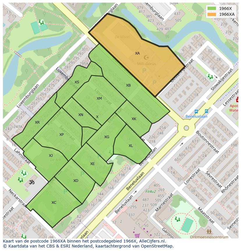Afbeelding van het postcodegebied 1966 XA op de kaart.