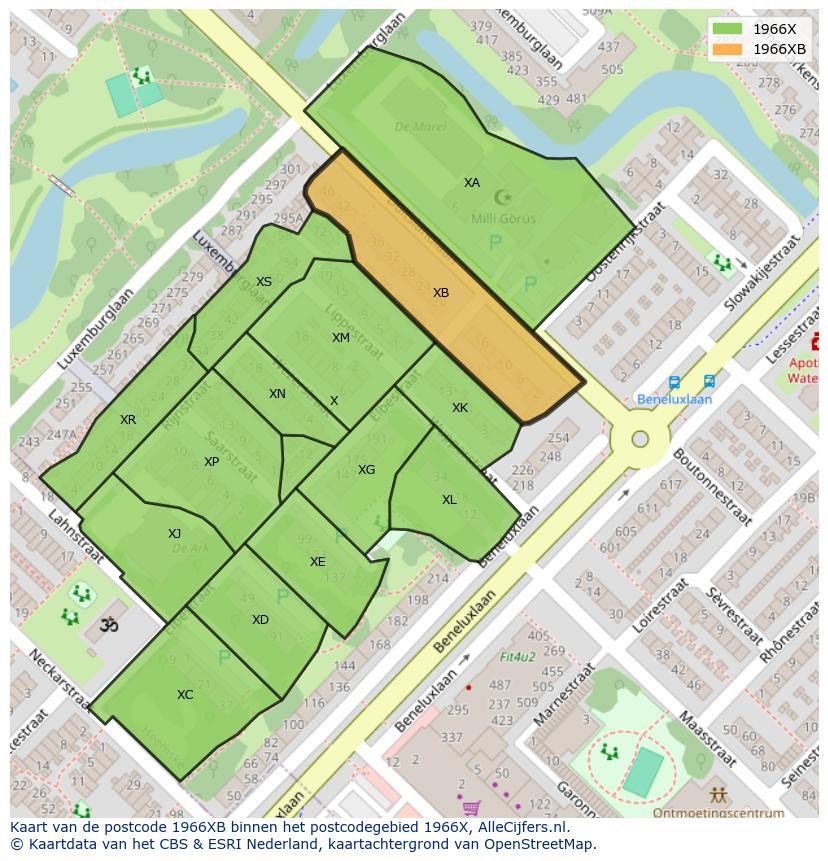 Afbeelding van het postcodegebied 1966 XB op de kaart.