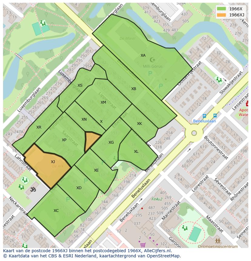 Afbeelding van het postcodegebied 1966 XJ op de kaart.
