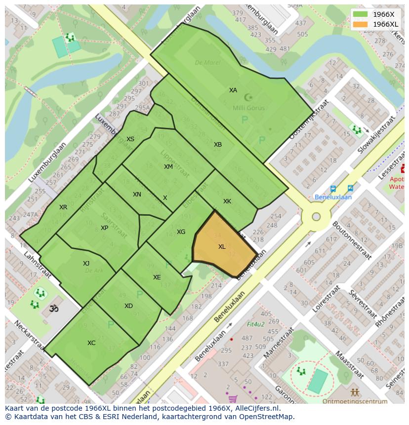 Afbeelding van het postcodegebied 1966 XL op de kaart.
