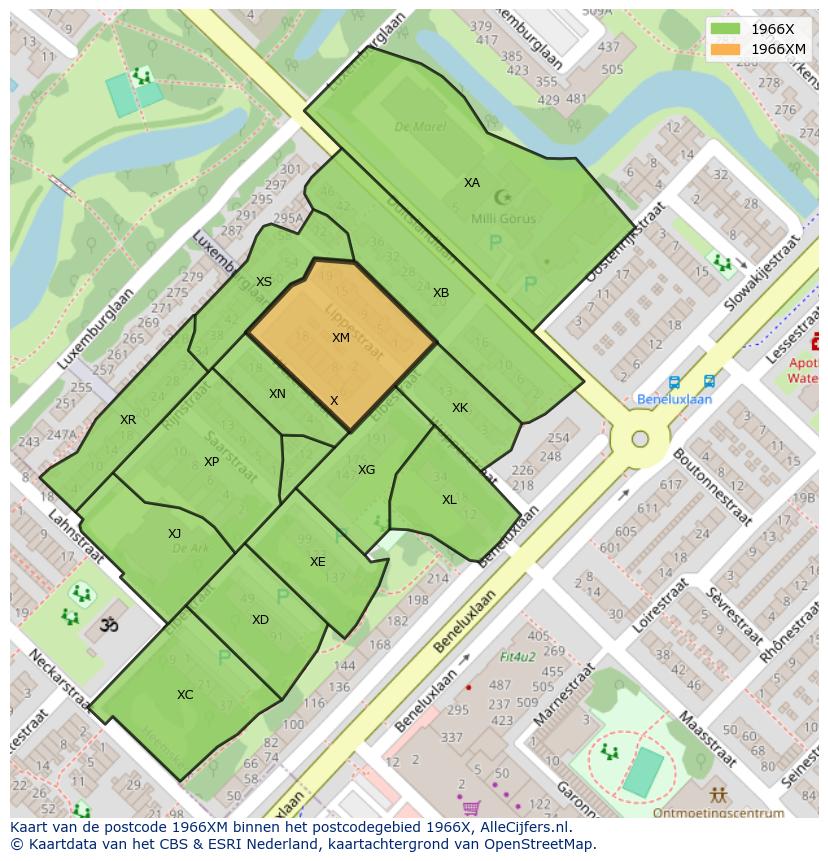 Afbeelding van het postcodegebied 1966 XM op de kaart.