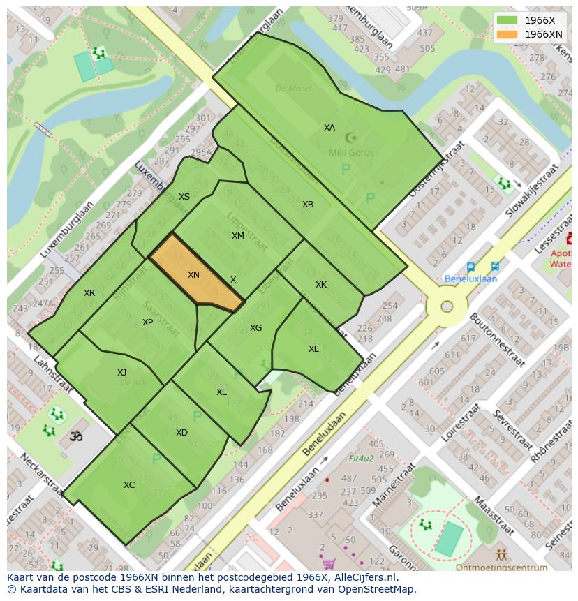 Afbeelding van het postcodegebied 1966 XN op de kaart.