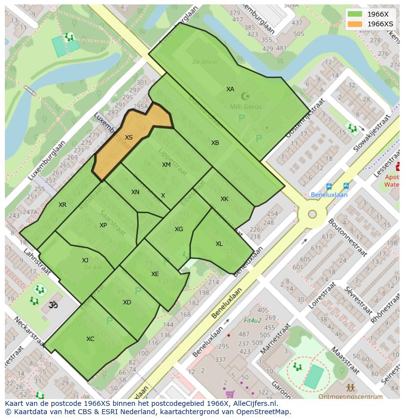 Afbeelding van het postcodegebied 1966 XS op de kaart.