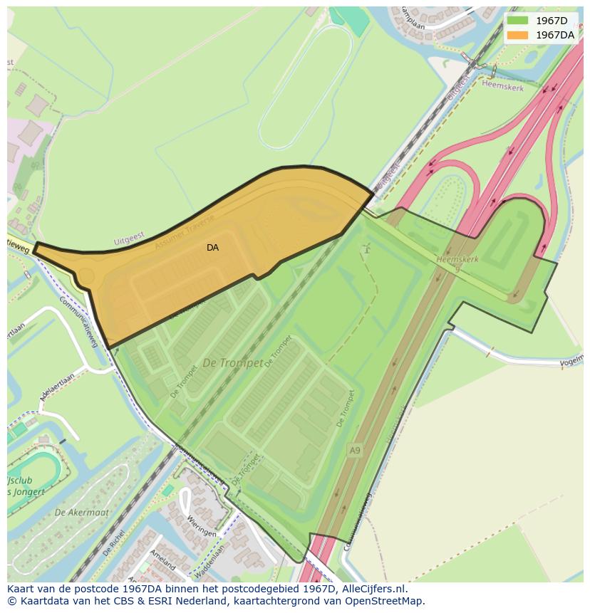 Afbeelding van het postcodegebied 1967 DA op de kaart.
