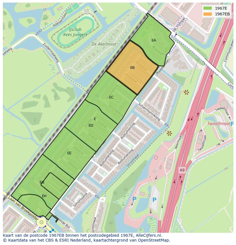 Afbeelding van het postcodegebied 1967 EB op de kaart.
