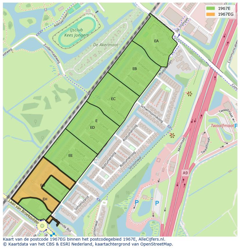Afbeelding van het postcodegebied 1967 EG op de kaart.