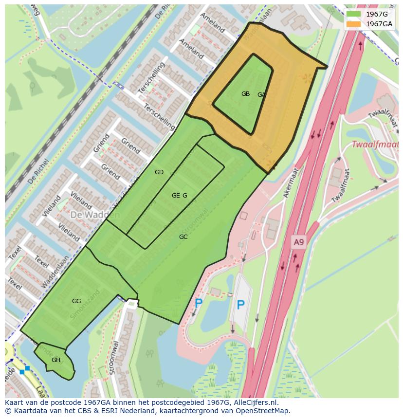 Afbeelding van het postcodegebied 1967 GA op de kaart.