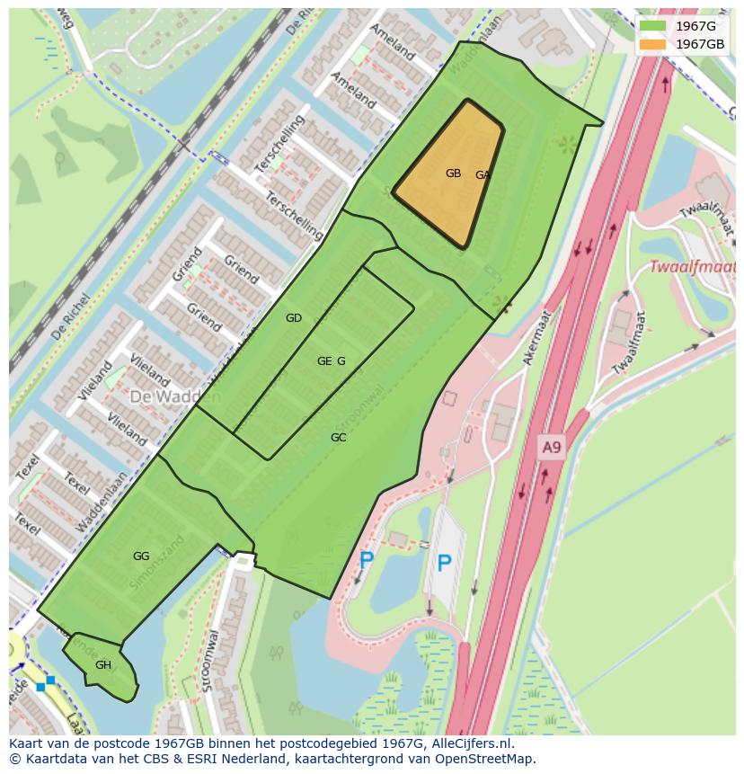 Afbeelding van het postcodegebied 1967 GB op de kaart.