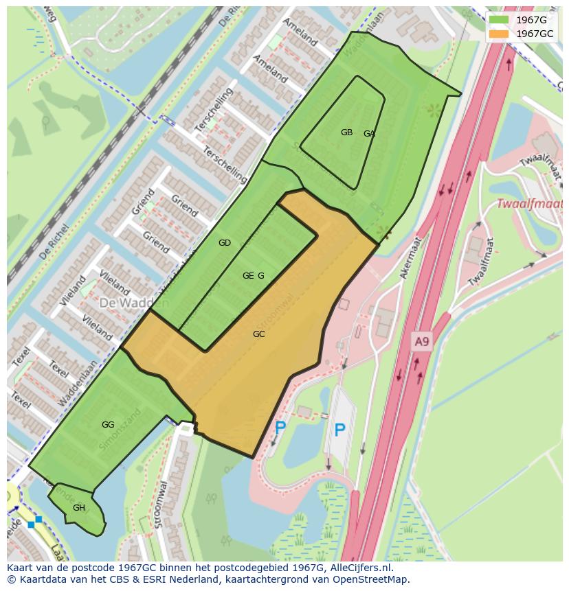 Afbeelding van het postcodegebied 1967 GC op de kaart.