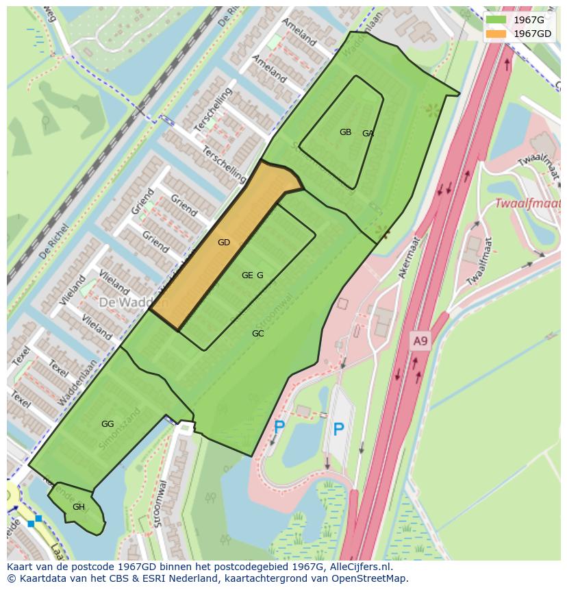Afbeelding van het postcodegebied 1967 GD op de kaart.