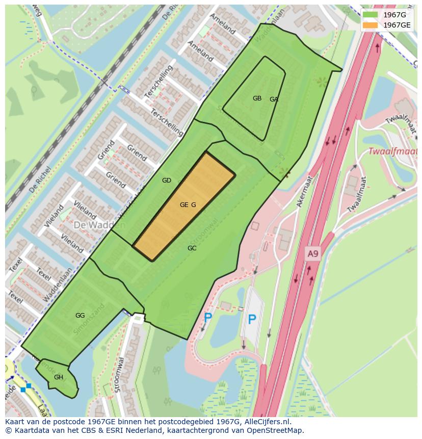 Afbeelding van het postcodegebied 1967 GE op de kaart.