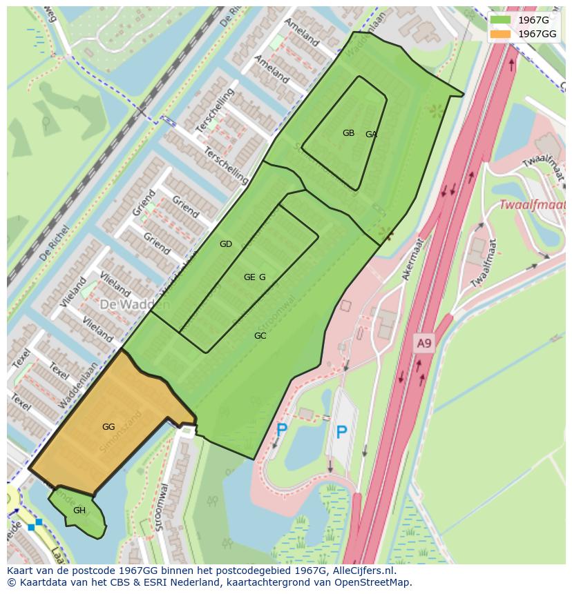 Afbeelding van het postcodegebied 1967 GG op de kaart.