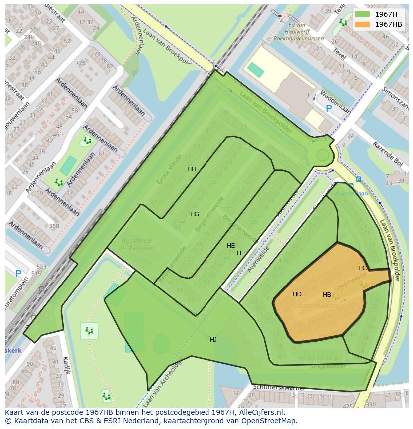 Afbeelding van het postcodegebied 1967 HB op de kaart.