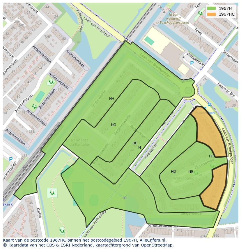Afbeelding van het postcodegebied 1967 HC op de kaart.