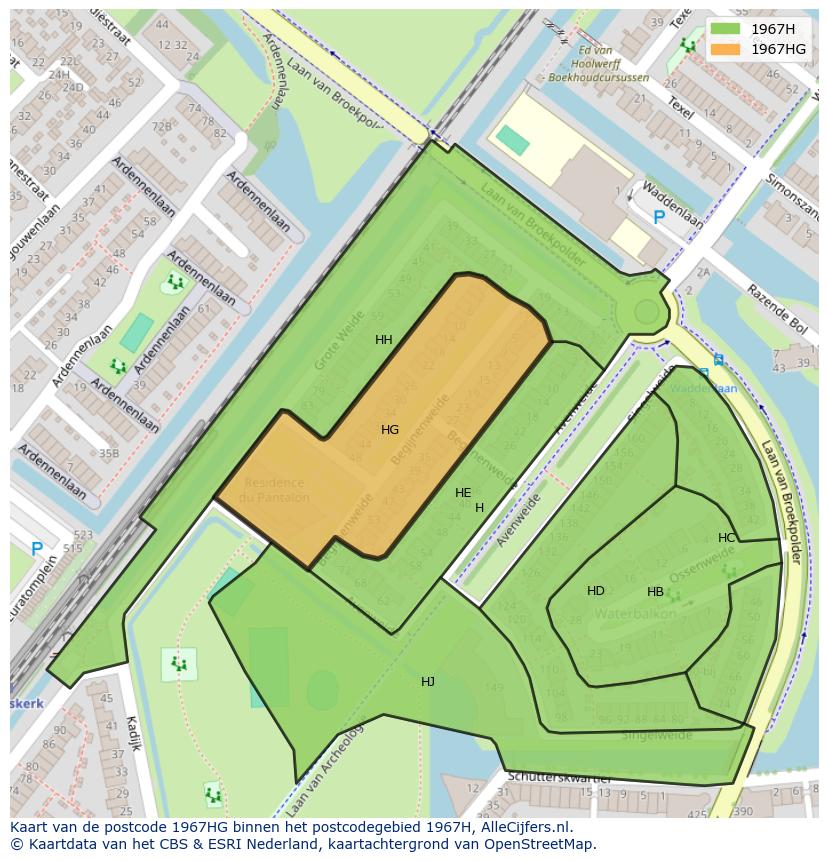 Afbeelding van het postcodegebied 1967 HG op de kaart.