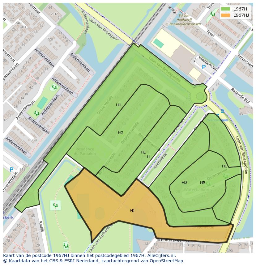 Afbeelding van het postcodegebied 1967 HJ op de kaart.