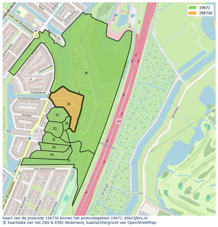 Afbeelding van het postcodegebied 1967 JA op de kaart.
