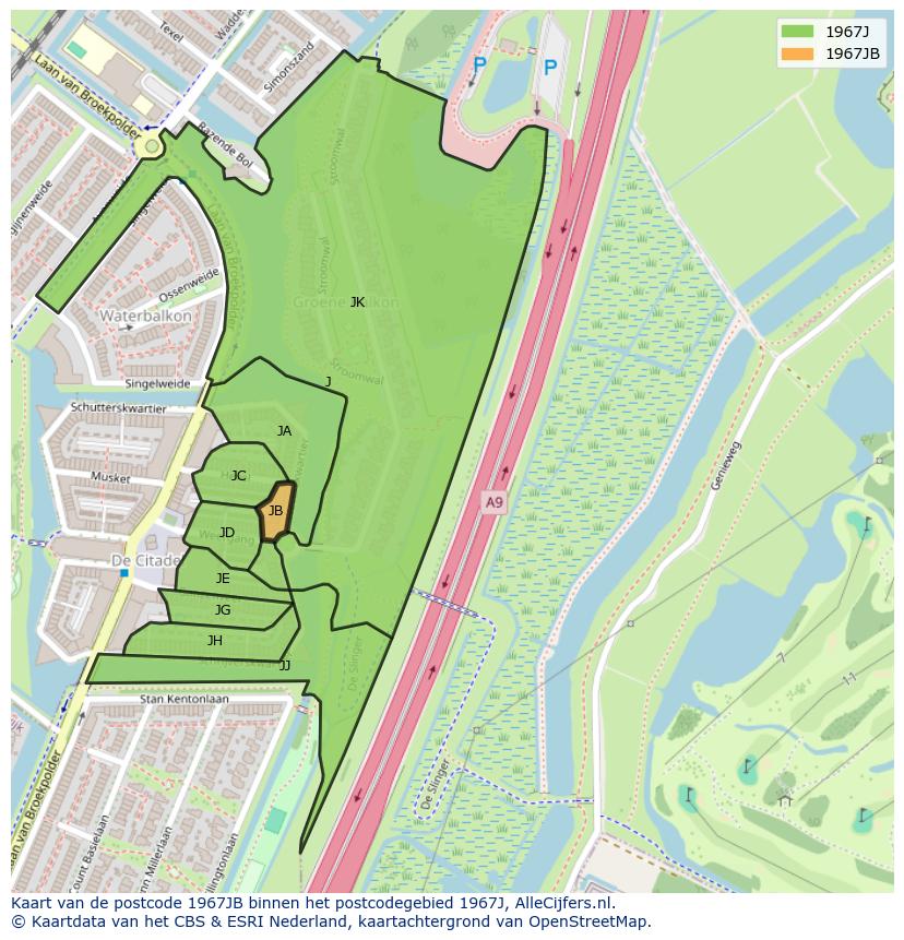 Afbeelding van het postcodegebied 1967 JB op de kaart.