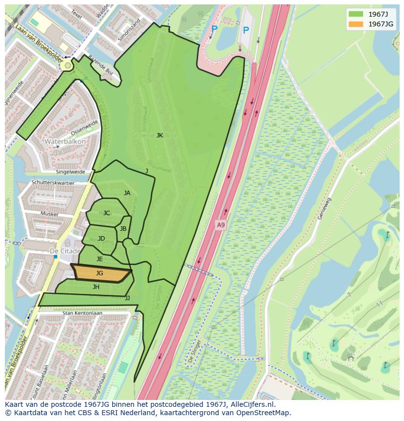 Afbeelding van het postcodegebied 1967 JG op de kaart.