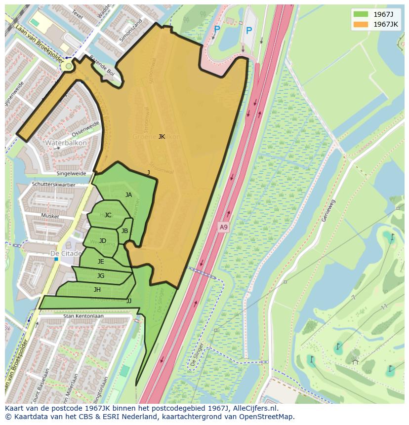 Afbeelding van het postcodegebied 1967 JK op de kaart.