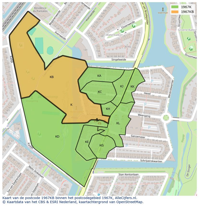 Afbeelding van het postcodegebied 1967 KB op de kaart.