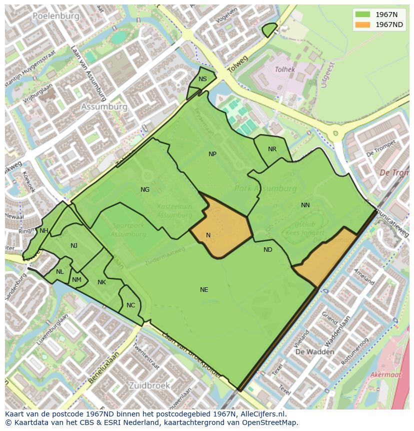 Afbeelding van het postcodegebied 1967 ND op de kaart.