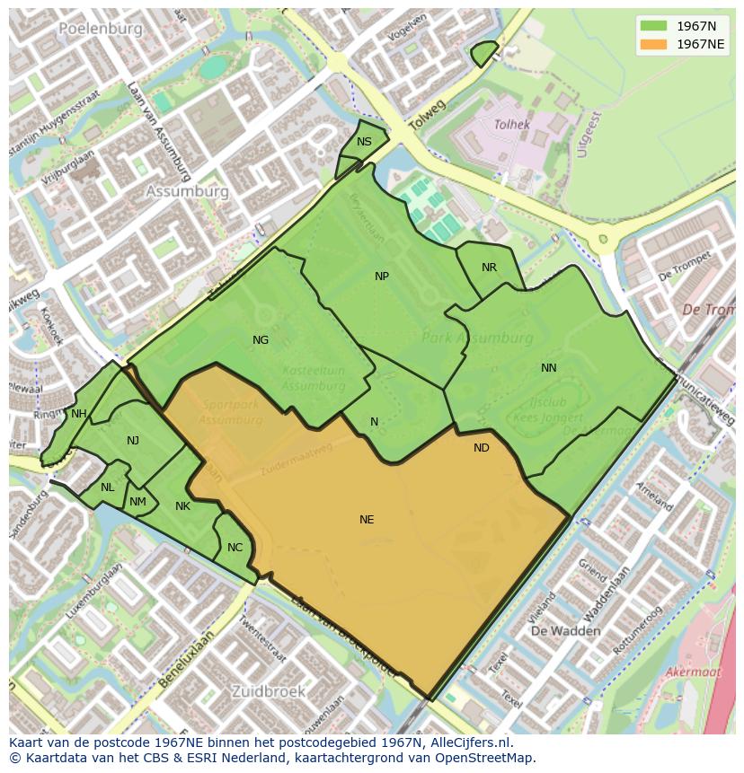 Afbeelding van het postcodegebied 1967 NE op de kaart.