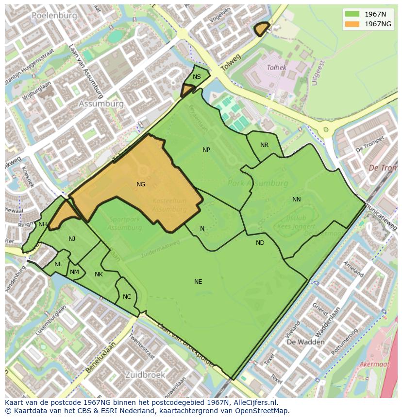 Afbeelding van het postcodegebied 1967 NG op de kaart.