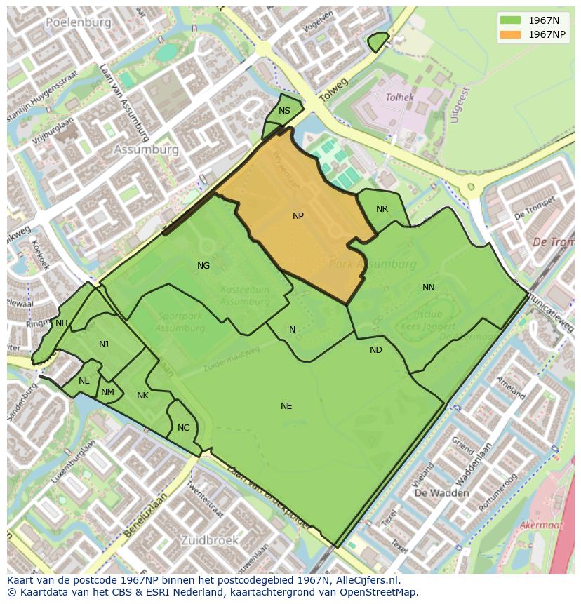 Afbeelding van het postcodegebied 1967 NP op de kaart.