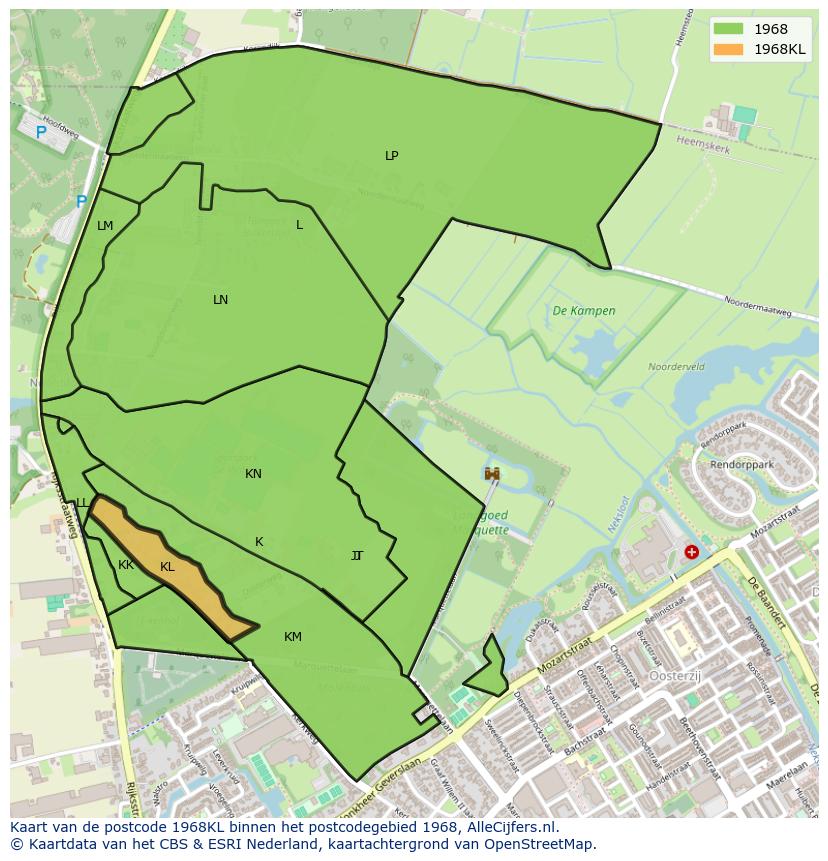 Afbeelding van het postcodegebied 1968 KL op de kaart.
