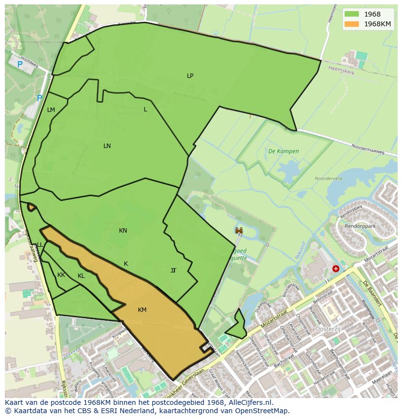 Afbeelding van het postcodegebied 1968 KM op de kaart.