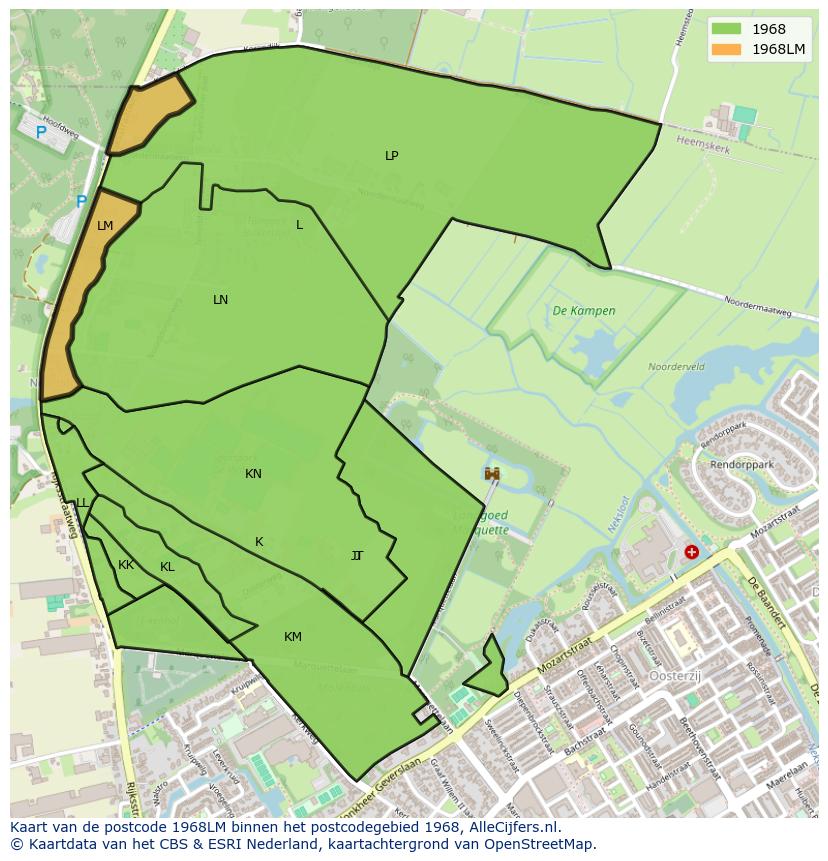 Afbeelding van het postcodegebied 1968 LM op de kaart.