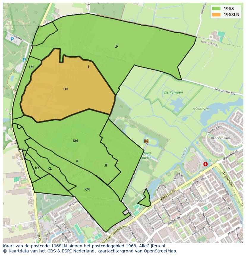 Afbeelding van het postcodegebied 1968 LN op de kaart.