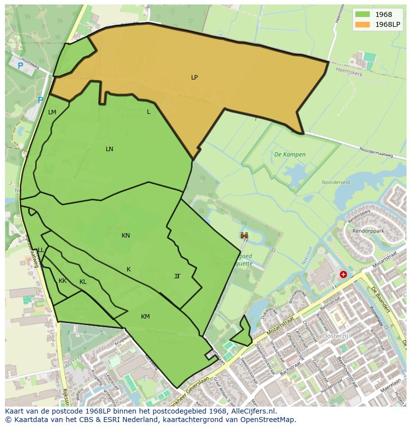 Afbeelding van het postcodegebied 1968 LP op de kaart.