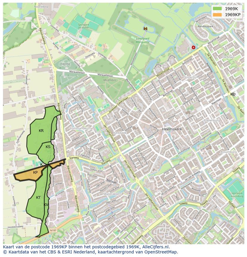 Afbeelding van het postcodegebied 1969 KP op de kaart.