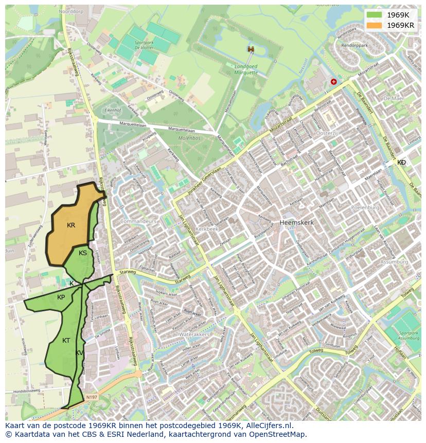 Afbeelding van het postcodegebied 1969 KR op de kaart.