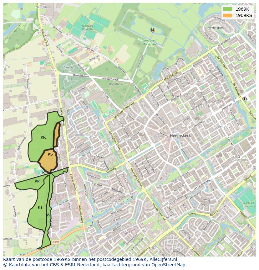 Afbeelding van het postcodegebied 1969 KS op de kaart.