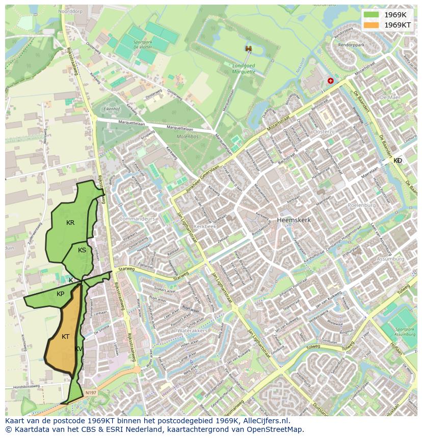 Afbeelding van het postcodegebied 1969 KT op de kaart.