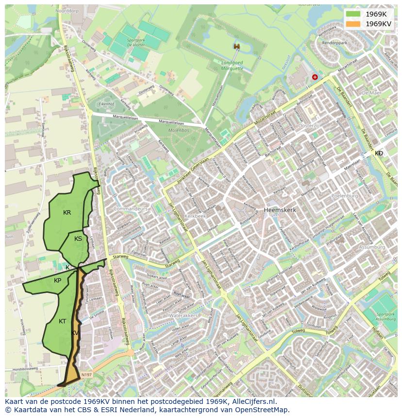 Afbeelding van het postcodegebied 1969 KV op de kaart.