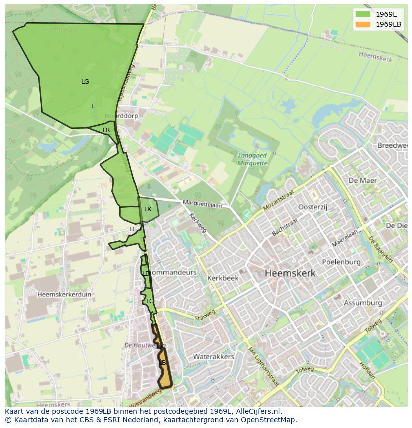 Afbeelding van het postcodegebied 1969 LB op de kaart.