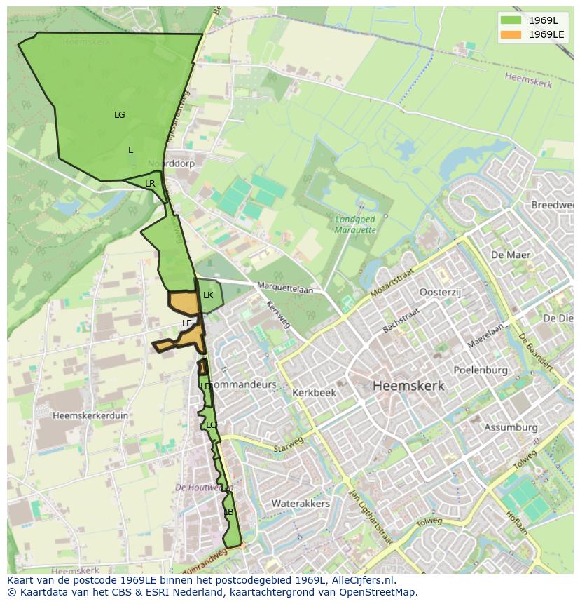 Afbeelding van het postcodegebied 1969 LE op de kaart.